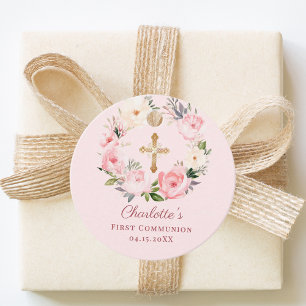 Rosa Erröten-Blumenkranz First Communion DIY Geschenkanhänger