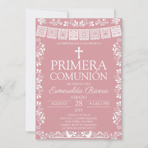 Rosa errötend  Papel Picado Primera Comunión Einladung