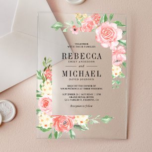 Rosa errötende Blumenblüten Rosen Hochzeit Acryleinladungen