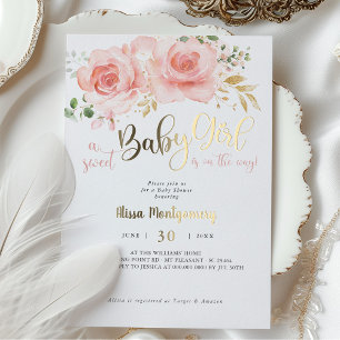 Rosa Errötende Florale Babyparty-Einladung Mädchen Folieneinladung