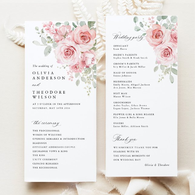 Rosa Errötende Florale Hochzeitszeremonie Programm (Blush Rose Floral Wedding Program, Watercolor Blush Pink Floral  Ceremony Program)