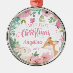 Rosa Errötende Florale Wald Baby's 1. Weihnachten Ornament Aus Metall