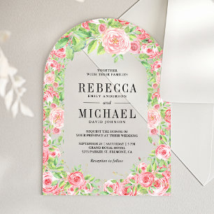 Rosa errötende Rosen Bogen Blumen Hochzeit Acryleinladungen