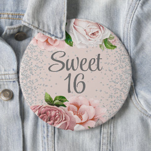 Rosa errötende Rosen Florale Silber Glitter Sweet  Button