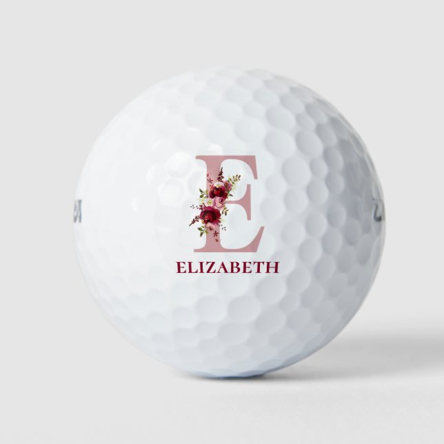 Rosa errötendes Blumeninitial E Monogramm Golfball (Vorderseite)