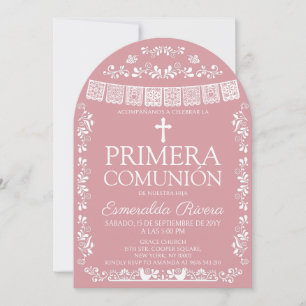 Rosa errötendes Papel Picado Primera Comunión Arch Einladung