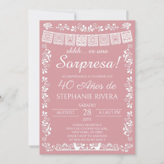 Rosa errötendes Papel Picado Überraschung 40. Gebu Einladung