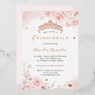 Rosa Errötung Roségold Schmetterling Quinceanera   Folieneinladung