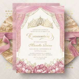 Rosa Errötungs-Kronenblumen Quinceanera Einladung