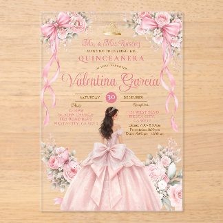 Rosa Errötungs-Schleifen-Blumen-Quinceañera-Kleid Acryleinladungen