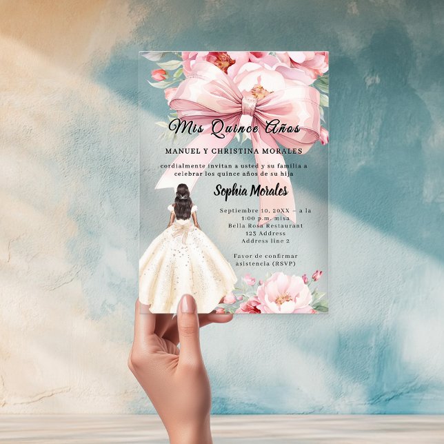 Rosa Errötungs-Schleifen-Blumenkleid Quinceanera k Acryleinladungen (Von Creator hochgeladen)
