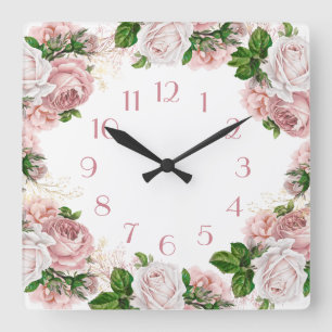 Rosa Errötungs-Vintage-Wasserfarbe-Blumen Weiß Quadratische Wanduhr