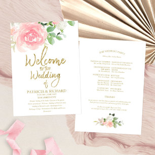 Rosa Errötungsrosen Florales Gold Hochzeitsprogram Einladung