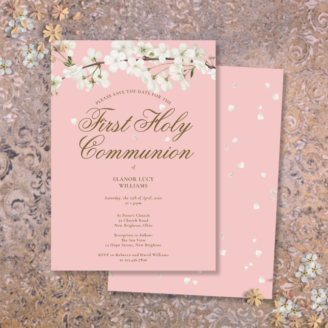 Rosa Erste heilige Kommunion Weißer Blossom Bläser Save The Date (Pink First Holy Communion White Blossom Floral Save The Date)