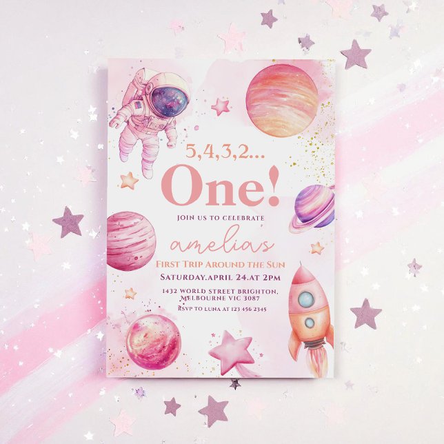 Rosa Erste Reise um den Sonnenraum 1. Geburtstag Einladung (Von Creator hochgeladen)