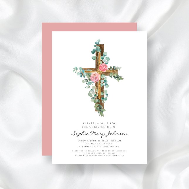 Rosa Eukalyptus Cross Religious Christening Einladung (Pink Eucalyptus Cross Religious Christening Invitation)