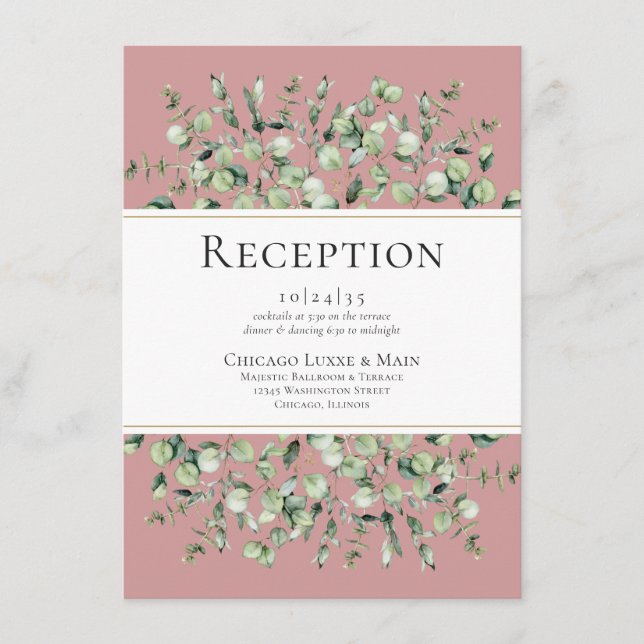 Rosa Eukalyptus-Hochzeitsempfang Begleitkarte (Vorderseite)