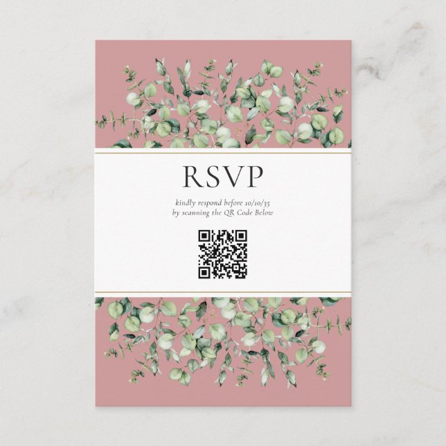 Rosa Eukalyptus QR Code Wedding RSVP Begleitkarte (Vorderseite)