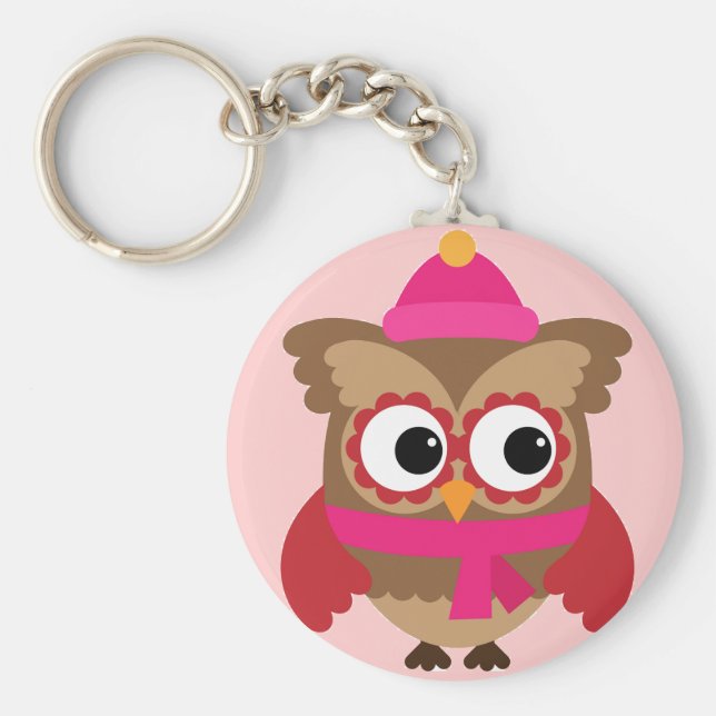 Rosa Eule mit rosa Scarf Button-Schlüsselanhänger Schlüsselanhänger (Vorne)