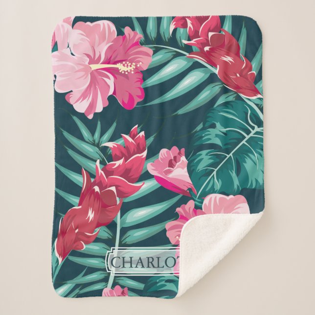 Rosa Exotische Blume Monogramm Sherpadecke (Vorderseite)