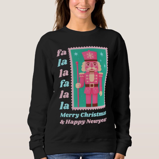 Rosa Fa La La Nussknacker Weihnachtspost Briefmark Sweatshirt (Vorderseite)