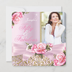 Rosa Fabelhafte 50 Rosen Schleife Foto Geburtstags Einladung