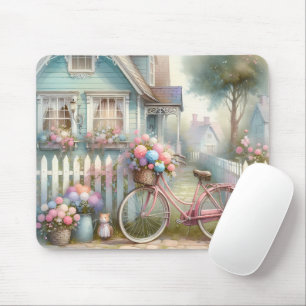 Rosa Fahrrad am Tor des blauen Cottage Mousepad