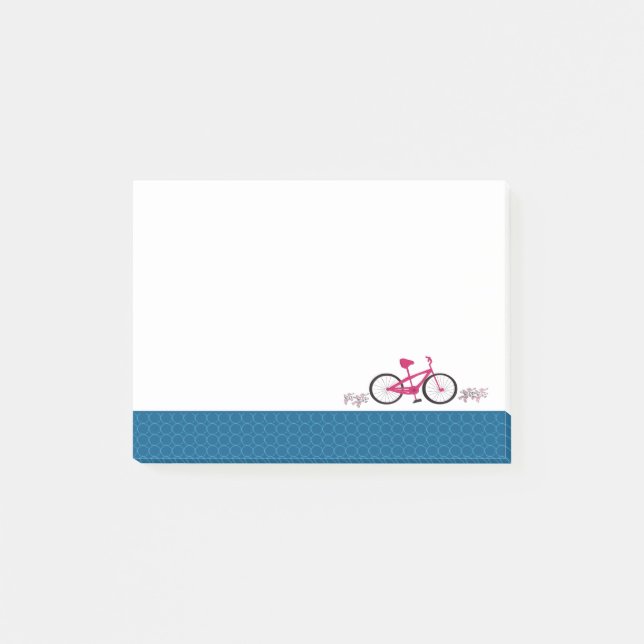 Rosa Fahrrad mit blauem gemustertem Rand Post-it Klebezettel (Vorderseite)