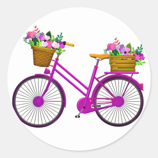 Rosa Fahrrad mit Korbweide aus Blume - Runder Aufkleber (Vorderseite)