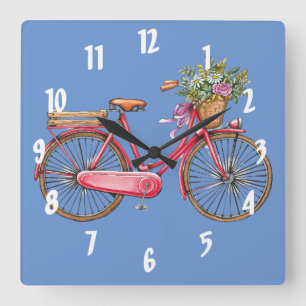 Rosa Fahrrad und Korb Quadratische Wanduhr