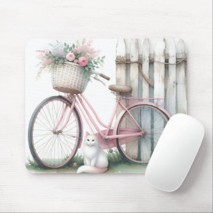 Rosa Fahrrad und weiße Katze Mousepad