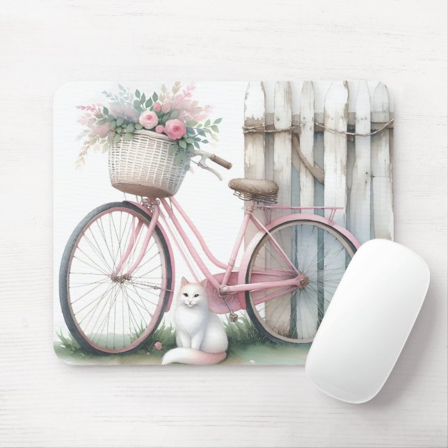 Rosa Fahrrad und weiße Katze Mousepad (Mit Mouse)