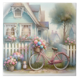 Rosa Fahrradblume am Tor des blauen Cottage Fliese