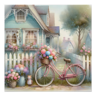 Rosa Fahrradblume am Tor des blauen Cottage Poster