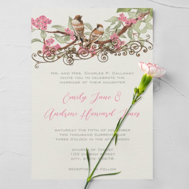 Rosa Fairytale Forest Love Birds Hochzeit Einladung (Von Creator hochgeladen)