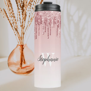 Rosa falscher Glitter-Tropf Glanz Ombre-Monogramm Thermosbecher
