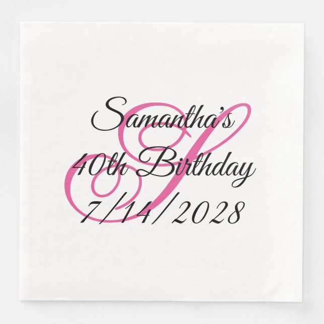 Rosa Fancy Monogramm 40. Geburtstag Serviette (Vorderseite)