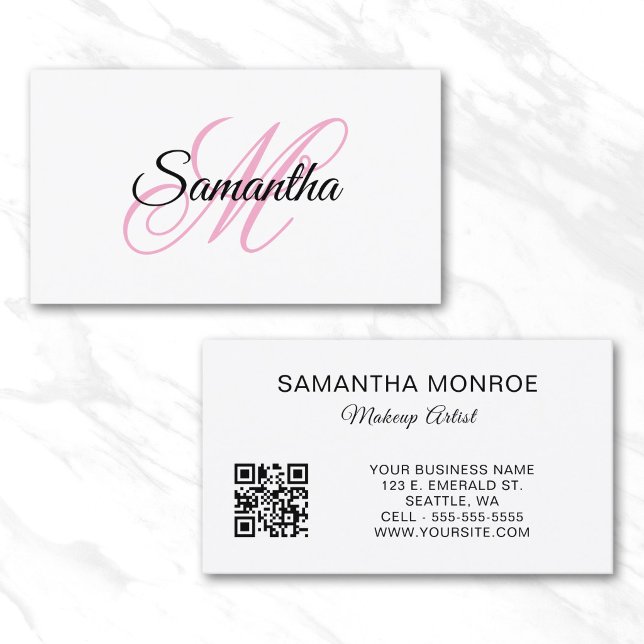 Rosa-fancy-Monogramm-QR-Code Visitenkarte (Pink Fancy Monogram QR Code Business Card)