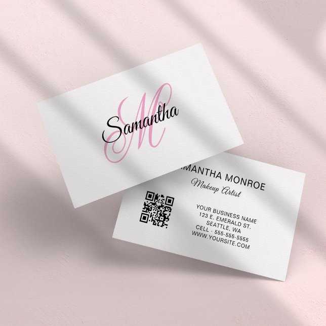 Rosa-fancy-Monogramm-QR-Code Visitenkarte (Pink Fancy Monogram QR Code Business Card)