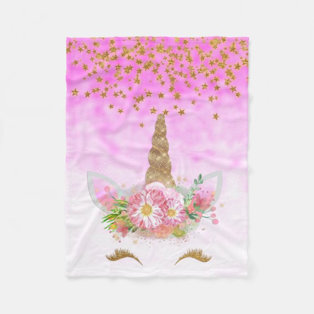 Rosa Fantasie und goldene Sterne Einhorn Fleecedecke (Vorderseite)