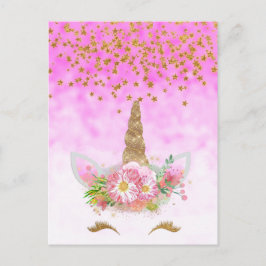 Rosa Fantasie und goldene Sterne Einhorn Postkarte