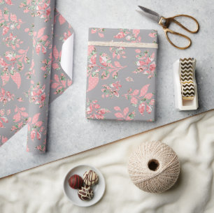 Rosa fantastische Blätter Graues Hochzeitspapier Geschenkpapier