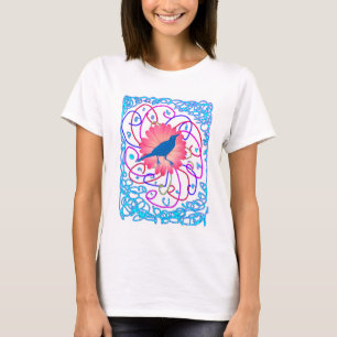 Rosa fantastische Blume und Vogel T-Shirt