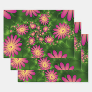 Rosa Fantasyblumen Moderne Abstrakte Fraktal Kunst Geschenkpapier Set