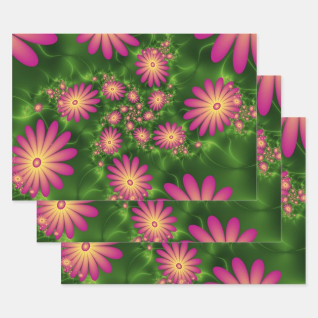 Rosa Fantasyblumen Moderne Abstrakte Fraktal Kunst Geschenkpapier Set (Set)