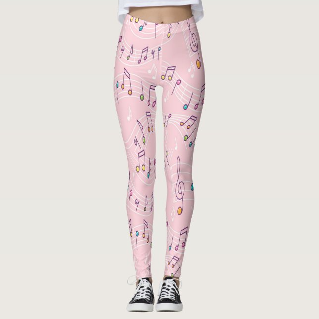 Rosa farbenfrohe Musiknote Muster Musiker Leggings (Vorderseite)