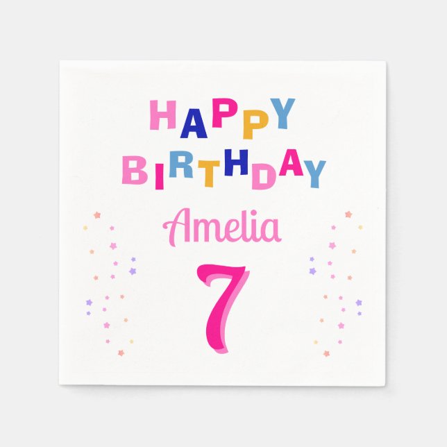 Rosa farbenfrohe Sterne Girl Happy Birthday Party Serviette (Vorderseite)