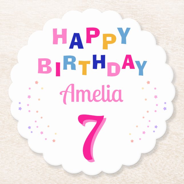 Rosa farbenfrohe Sterne Girl Happy Birthday Party Untersetzer (Vorderseite)