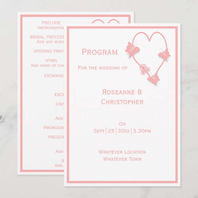 Rosa farbige Schmetterlinge Herz-Design Hochzeit Programm (Vorne/Hinten)