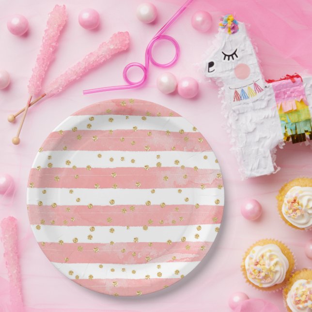 Rosa Farbige Streifen und Imitate Gold Confetti Pappteller (Party)